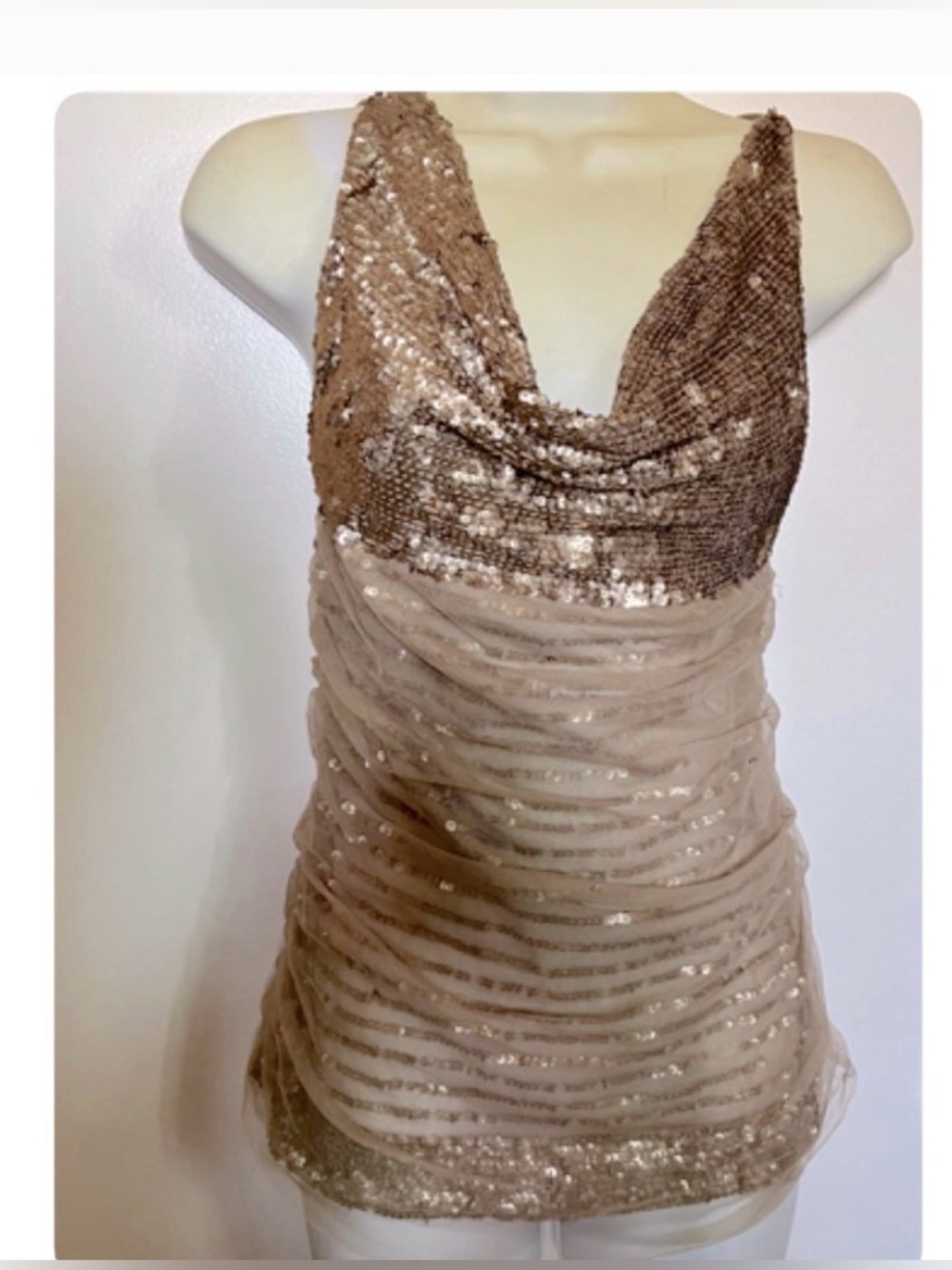 Arden B vintage gold sequin draped cowl neck & crisscross strap tank NWT